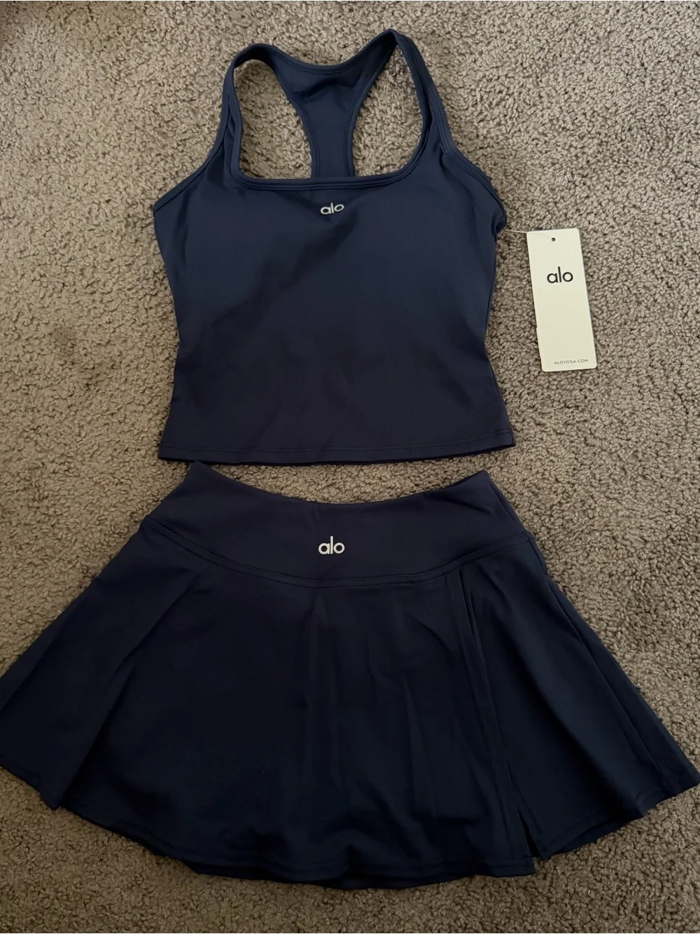 alo Navy Blue Tank and Skirt Set